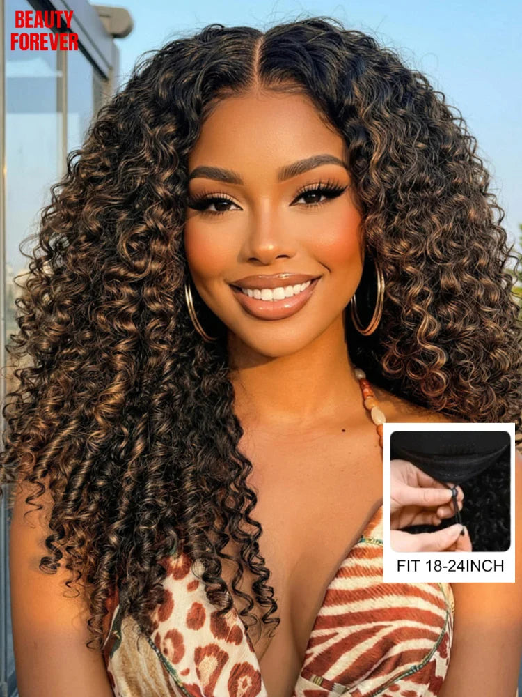 Beautyforever Burmese Curly Glueless Wig Finger Coily Ends 100% Human Hair Black to Chestnut Brown 7x5 Pre Cut Lace Wig 180%