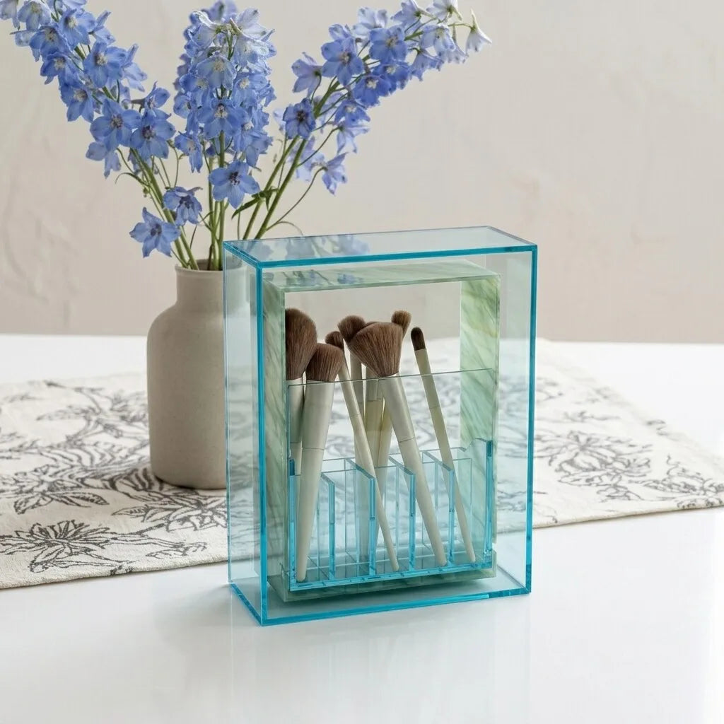 Wood and stone acrylic makeup brush storage box marble rotating dust-proof storage cylinder grid large-capacity lipstick box
