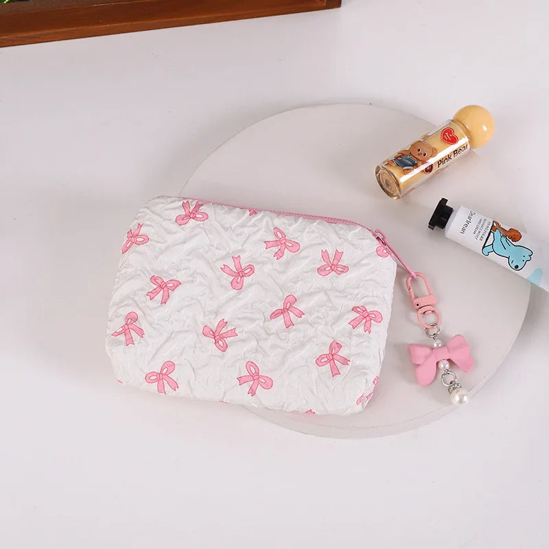 Cute Bow Travel Small Cosmetic Lipstick Portable Storage Bag Women Girls Makeup Handbags Purse Key Earphone Pouch Bags Organizer