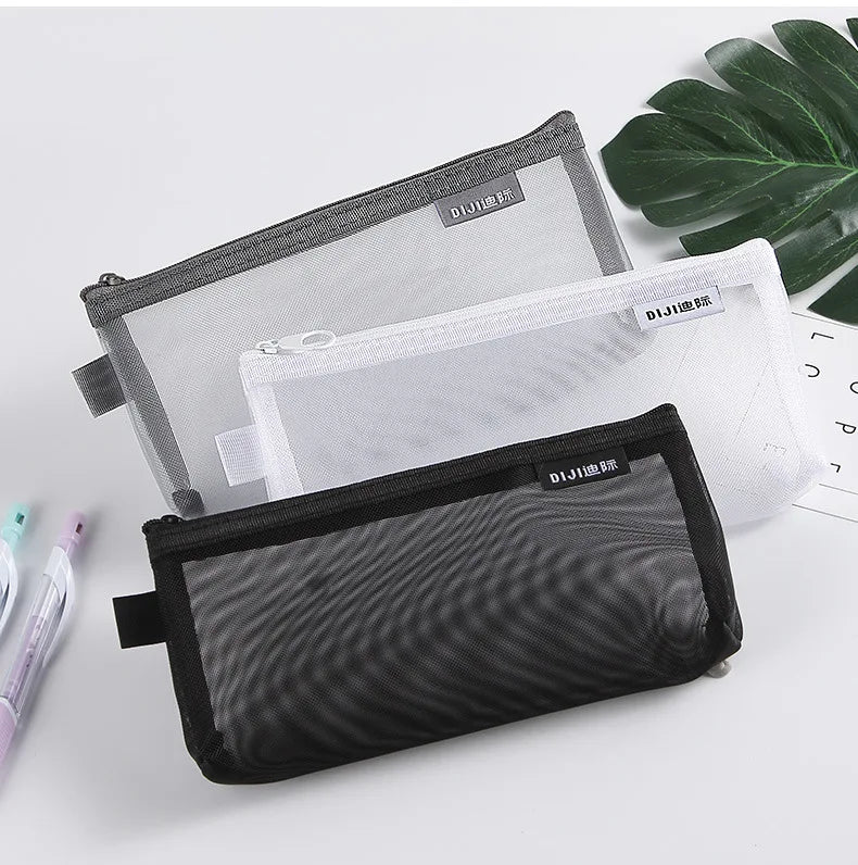 1PC Makeup Bags Case White Gray Black Large Capacity Mash Transparent Cosmetic Brush Bags Students Long Style Nylon Pencil Case