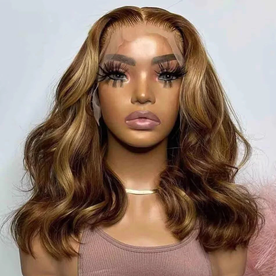 Honey Blonde Bob Wig Human Hair 14 Inch 13x4 Body Wave 4/27 Highlight Ombre HD Lace Front Wigs Human Hair Pre Plucked Glueless Lace Frontal Bob Wigs for Women Colored Wig