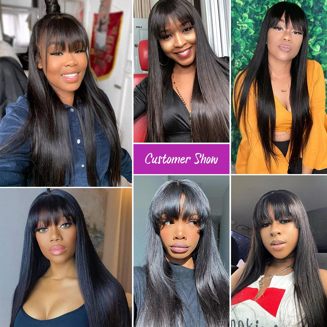 Silky Straight Human Hair Wigs With Bang Full Machine Made Wigs 8-30inch Natural Color AHJF Peruvian Remy Human Hair Wigs 220%