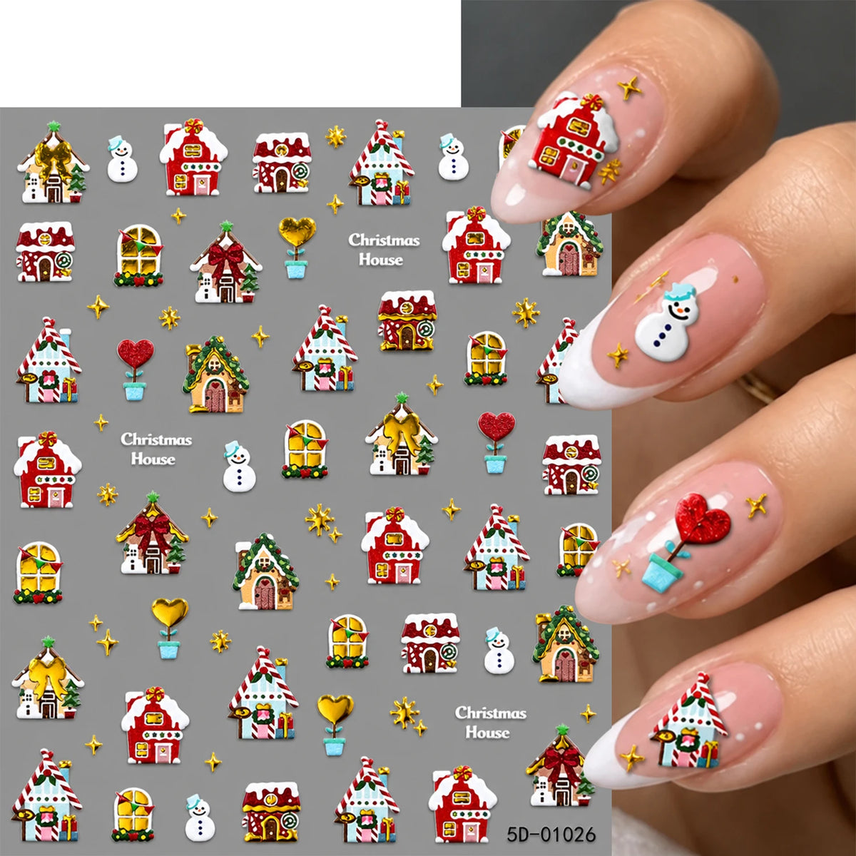 1pcs Gold-foiled Christmas Tree 5D Nail Stickers Bow Holly Snowflake Wreath Christmas Nail Decals Cartoon Merry Christmas Decora