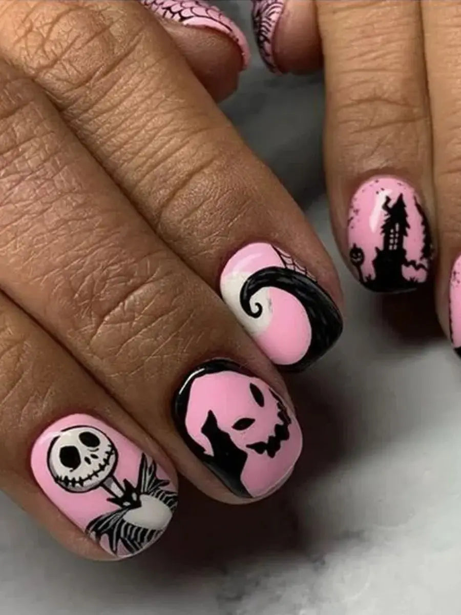 24pcs Short Halloween Fake Nail Patch Black Bat Skull Pattern False Nails Full Cover Wearable Sweet Cool Pink False Nail Tips