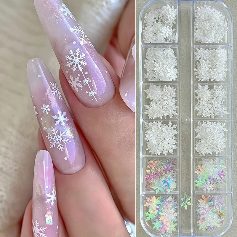 New 12Grids Laser Mixed Christmas Snowflake Nail Sequins Charms DIY Flash Winter Christmas Party Manicure Decoration Accessories