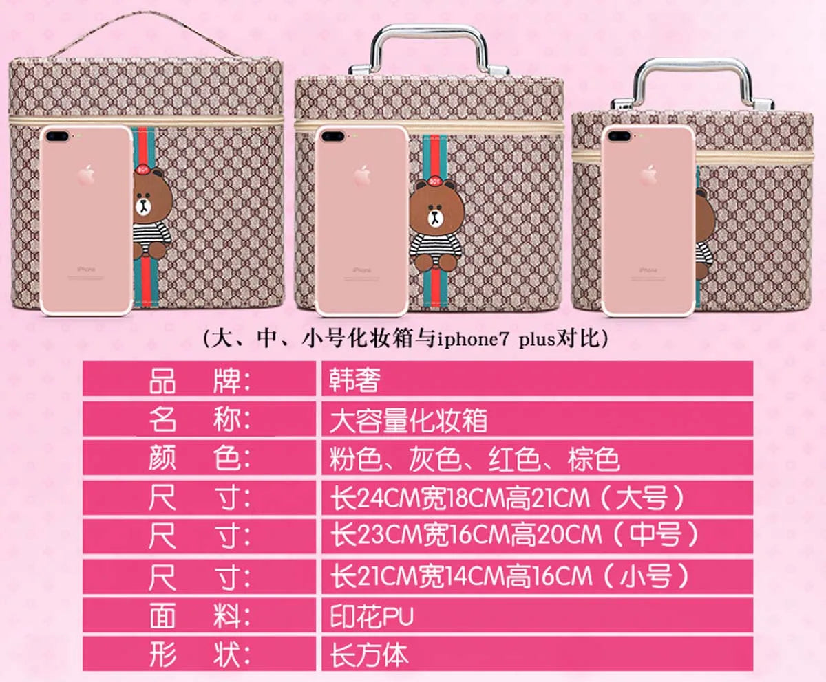 Large capacity new makeup bag Travel portable makeup case Portable high-end PU leather cosmetics storage bag cute bear pattern