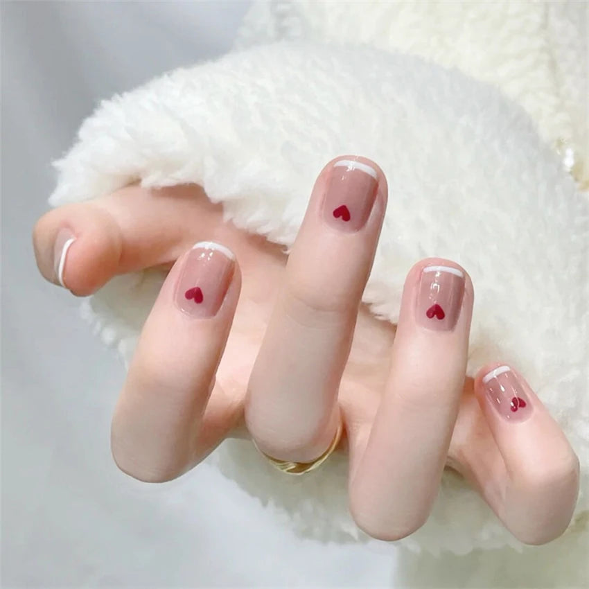 24 Pcs/Set Valentine's Day Long Almond Fake Nails Shape Novelty Pearl Bow Love Press on Nails Art Full Cover Stick-on Nails Tips