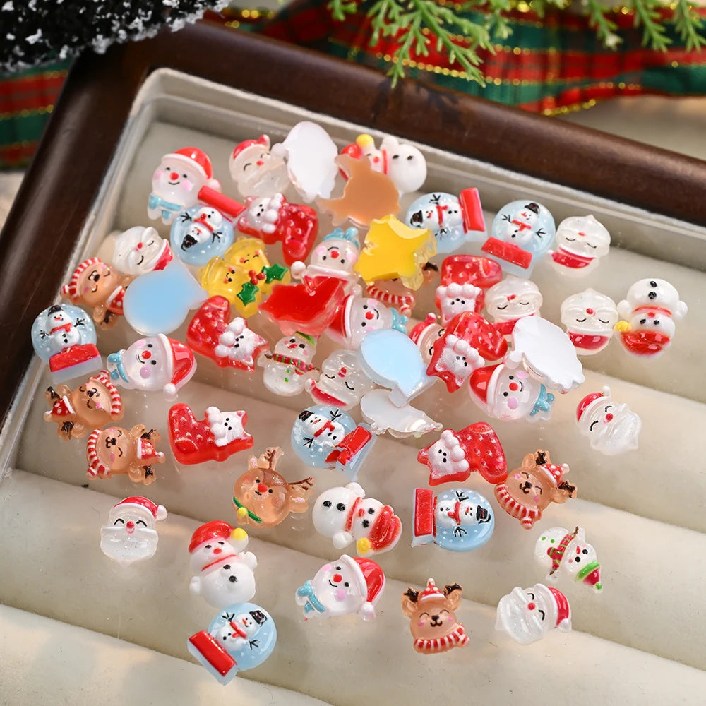50pcs/bag 3D Resin Christmas Nail Charms Cute Snowman Elk Santa Claus Nail Art Rhinestones Xmas Winter Nails Jewelry Decorations