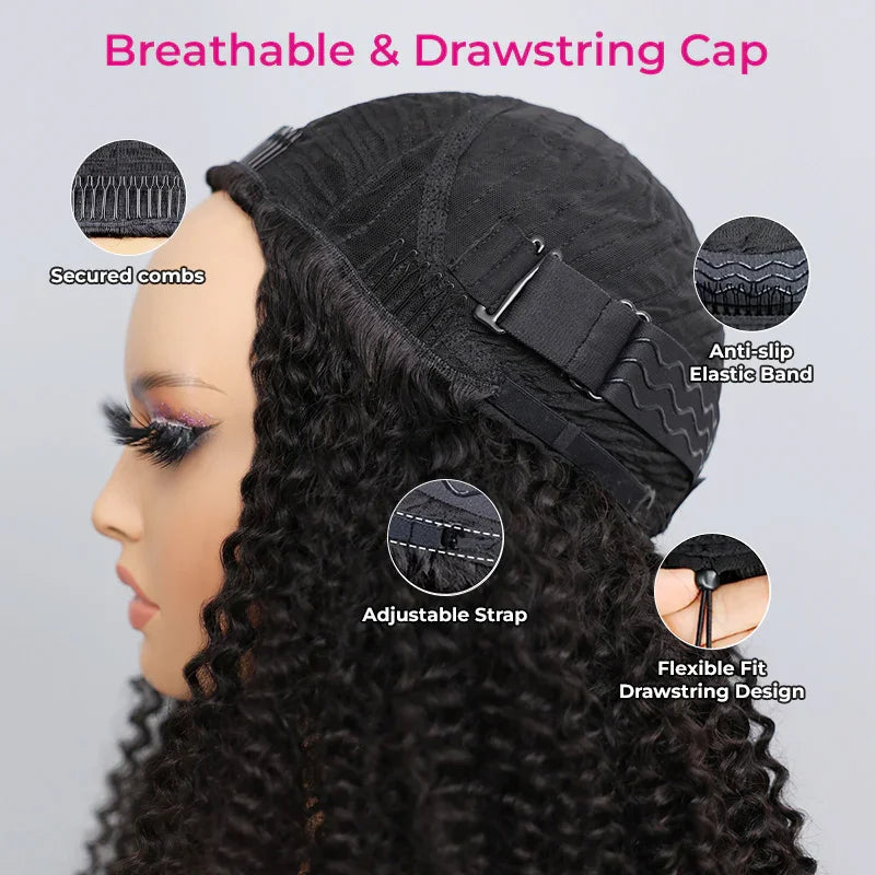 300% Glueless Wigs Human Hair Afro Kinky Curly Headband Wig Upgrade 3 IN 1 Half Wig With Drawstring Seamless Clip Ins Flip Over
