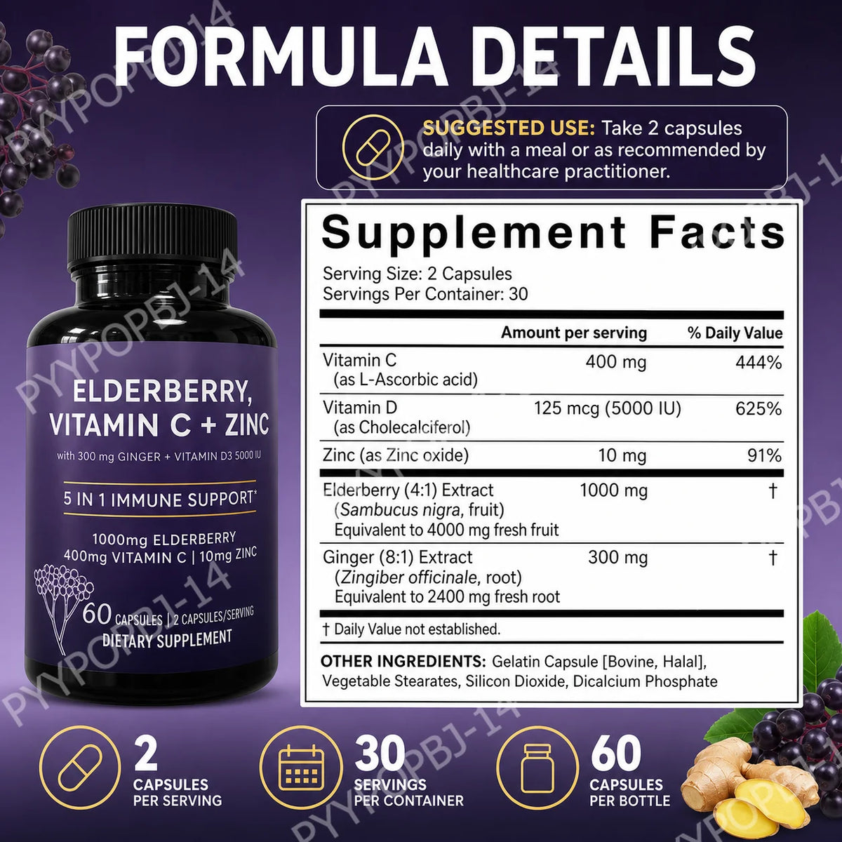 Elderberry Vitamin C Zinc Supplement with D3 5000 IU, Ginger Root Extract Sambucus Nigra Capsules 60 Count