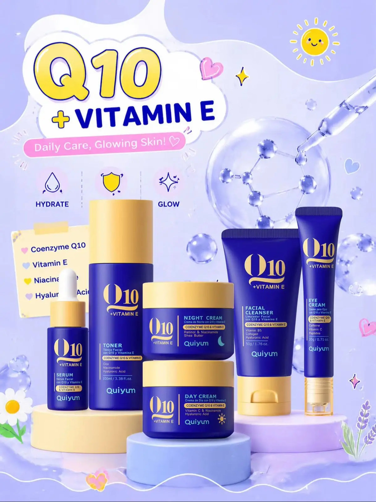 QUIYUM 6Pcs Coenzyme Q10 Vitamin E Anti-Aging Skincare Set, Cleanser Toner Serum Eye Cream Day Night Cream Hydrating Facial Kit