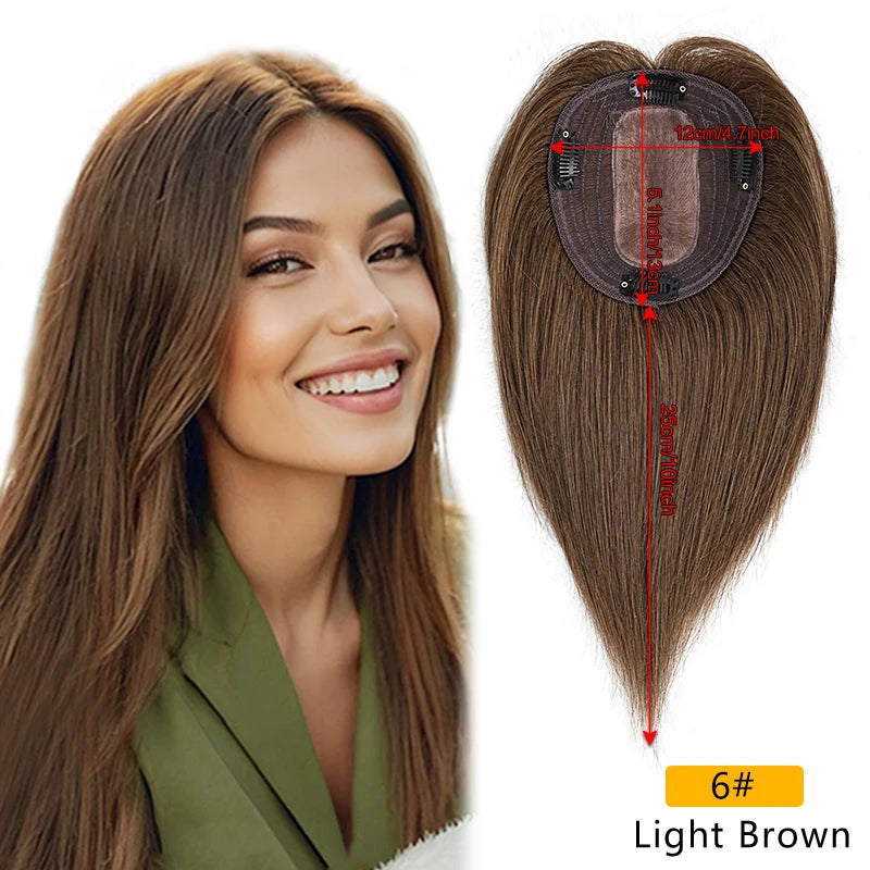 10 Inch 100% Human Hair 13X12cm Hairnet Clip in Hair Topper Extension with Bangs Top Wig Piece for Women Daily Life