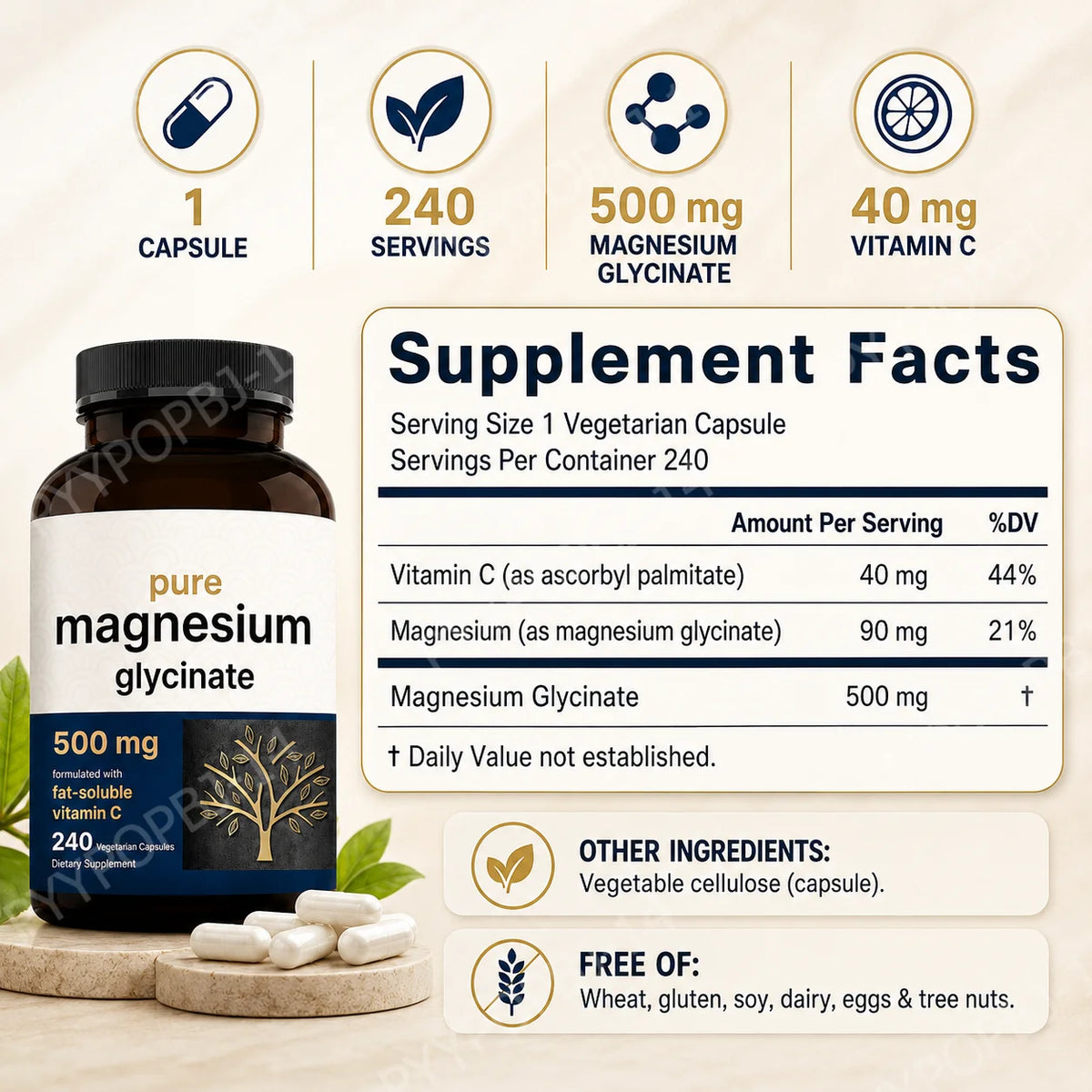 Pure Magnesium Glycinate 500mg Capsules with Vitamin C Supports Relaxation Muscle Nerve Health Bone Support 240 Capsules