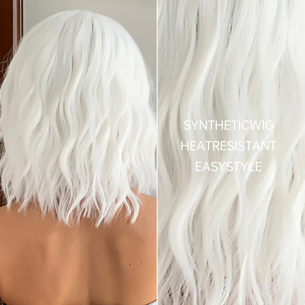 EASIHAIR Short White Bob Synthetic Wigs Short Wavy Lolita Natural Hair Wigs with Bangs for Women Heat Resistant Cosplay Wig