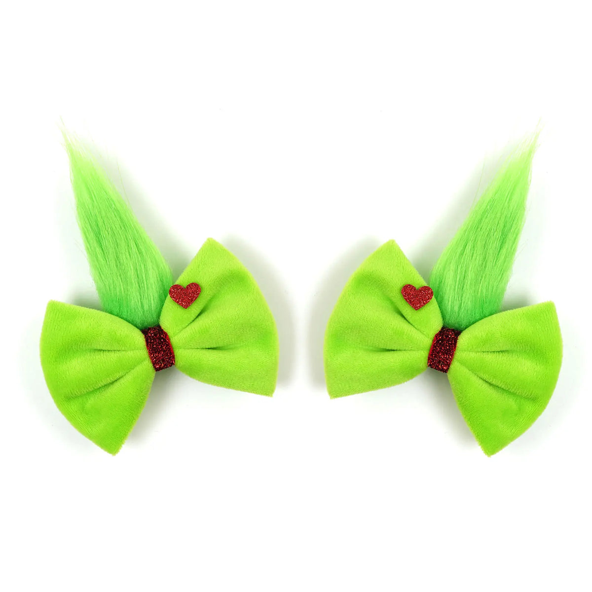 2pcs Girls Green Fuzzy Bow Christmas Grinch Ears Hair Clips Headband Glitter Heart Perfect for Holiday Parties & Photo Props