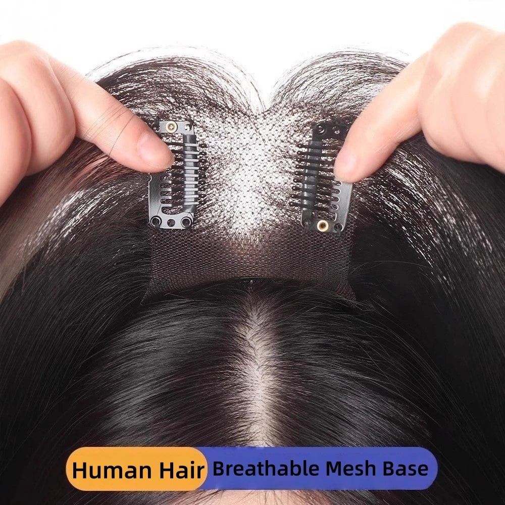 7x11cm Ultra-Thin Mesh Hair Toppers Clip-In Bangs Human Hair Fluffy Volumizing Cover Gray Hair Invisible Natural Women Daily