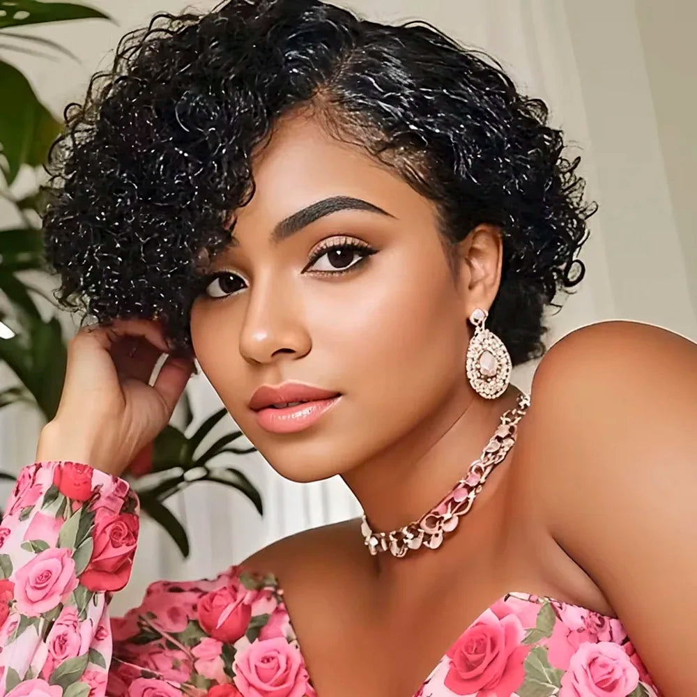 Short Pixie Cut Wig Wet and Wavy Curly Wigs Brazilian Human Hair Full Machine Made Wig with Bangs for Women Water Wave Short Wig