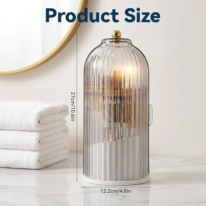 Makeup Brush Holder Organizer With Lid,360 Rotating Dustproof ABS Storage Caddy,3 Slots Sliding Lid Toothbrush Holder With Non-Slip Base,Multi-Use Space-Saving Organizer For Makeup Brushes Toothpaste,Perfect For Vanity Bathro