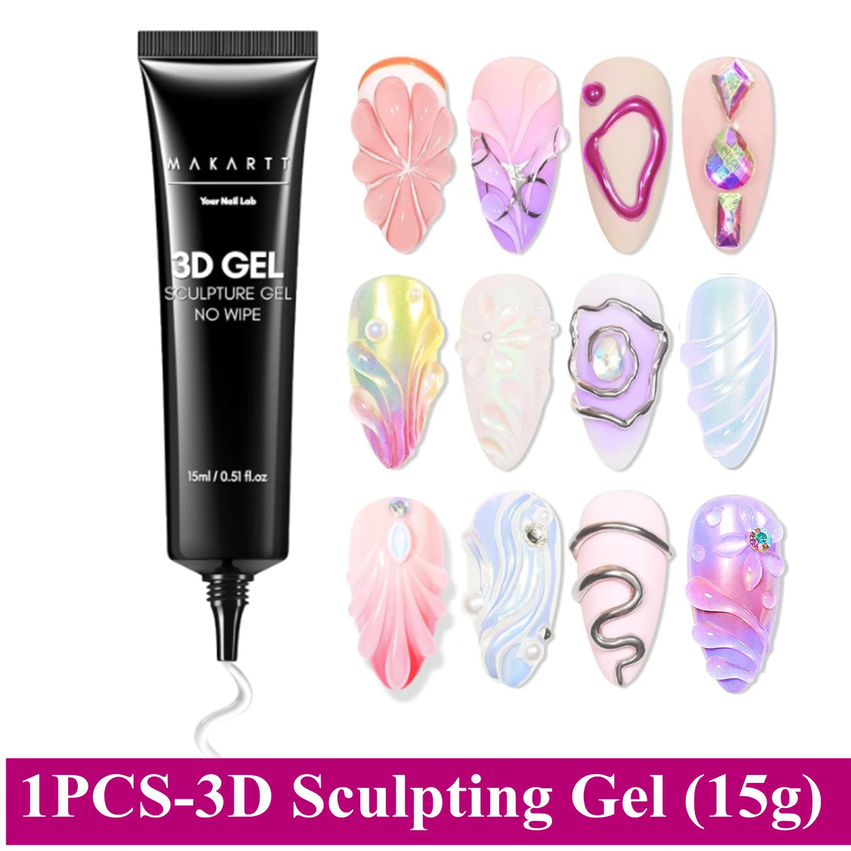 Makartt 3D Gel Nail Art – Clear & Noir Sculpting Gel for DIY Embossed Nail Designs – No Wipe Easy-Squeeze Tube Nail Glue