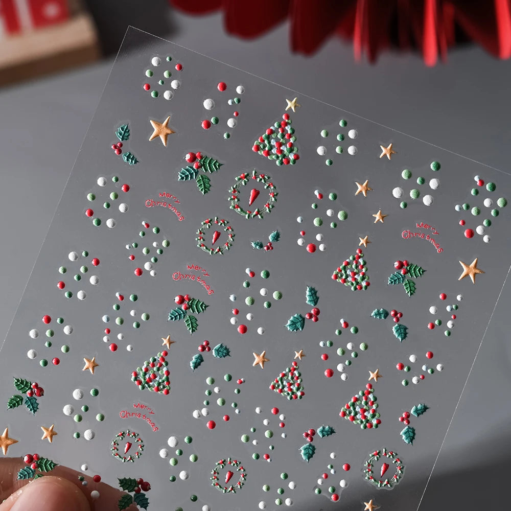 1sheet 5D Holly Berries Christmas Nail Declas Cute Polka Dots Christmas Trees Nail Stickers Gingerbread Man Snowflake Manicure