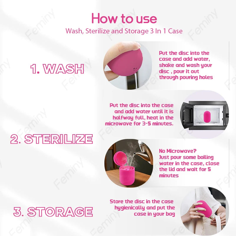 Feminy Menstrual Disc Kit Medical Grade Reusable Soft Silicone Period Disc with Sterilizer Case Applicator Leakproof Monthly Cup