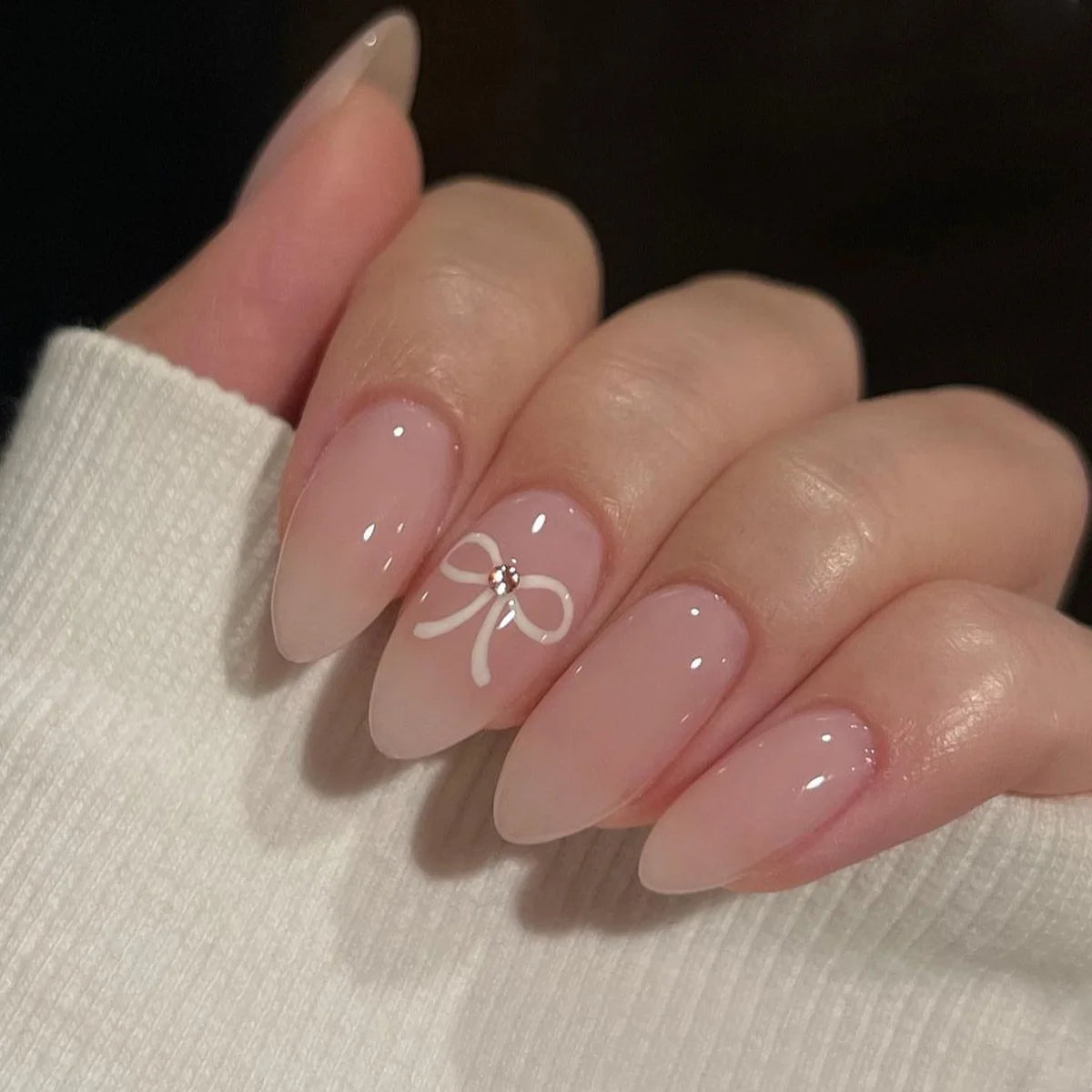 24 Pcs/Set Valentine's Day Long Almond Fake Nails Shape Novelty Pearl Bow Love Press on Nails Art Full Cover Stick-on Nails Tips