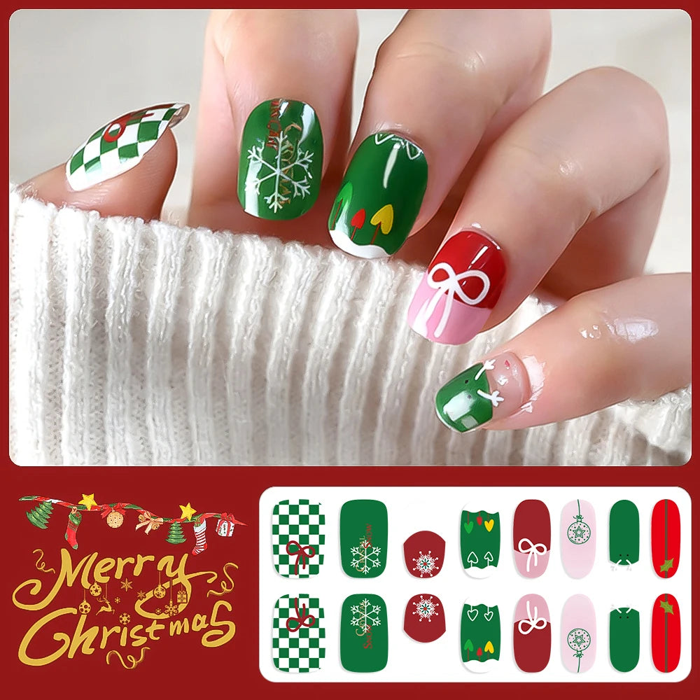 16Tips 3D Full Cover Christmas Series Nail Stickers Adhesive No Light Need Nail Art Wraps Strips Festival Manicure Polish Tips *