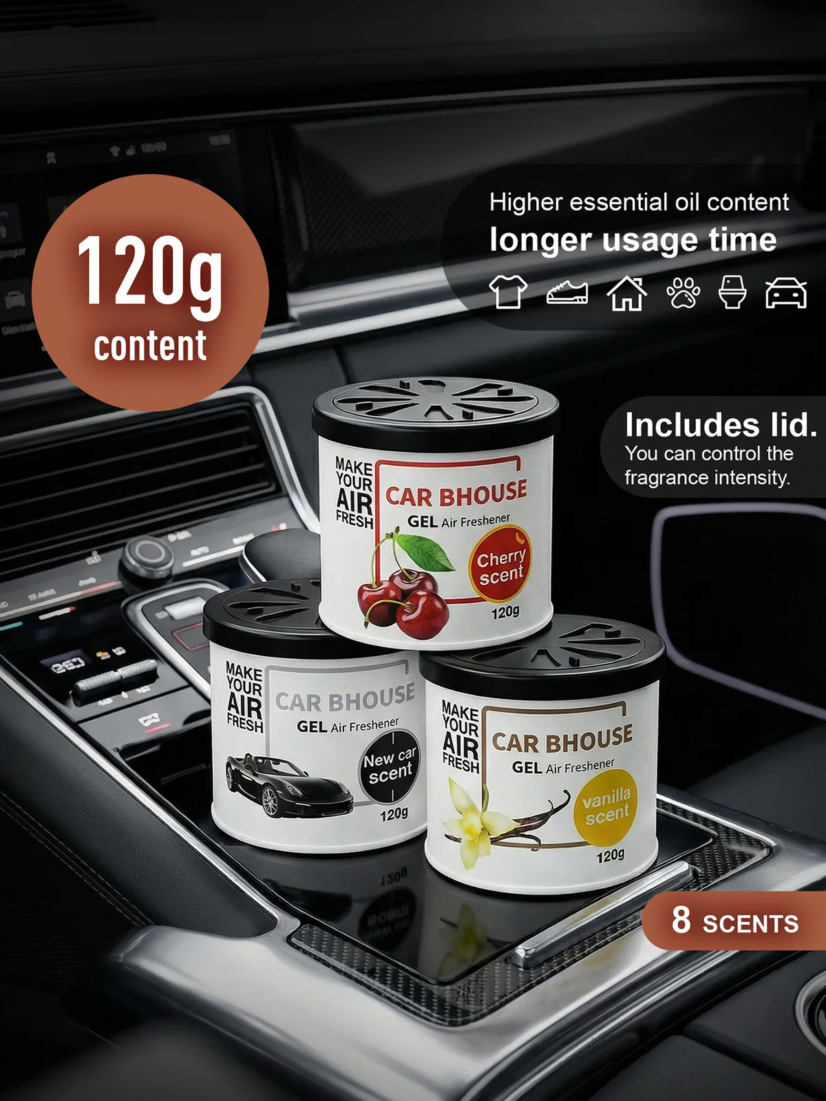 Dual-Purpose Air Freshening Gel for Cars and Homes, 120g with Fruity and Floral Fragrance, Providing Long-Lasting Scent.