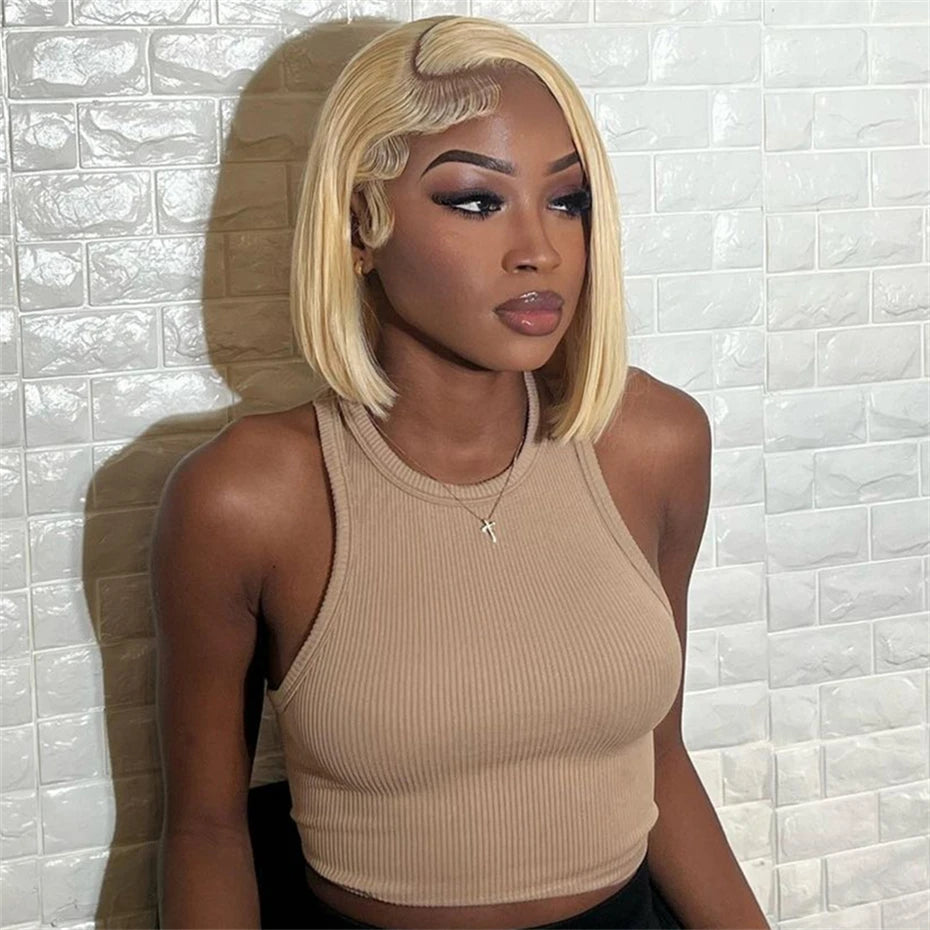 Short Bob Wig Human Hair 13x4 13x6 Transparent Lace Front Human Hair Wigs For Women 613 Honey Blonde Color Lace Frontal Wigs Pre Plucked 220% Density 10 12 14 inch Straight Brazilian Hair