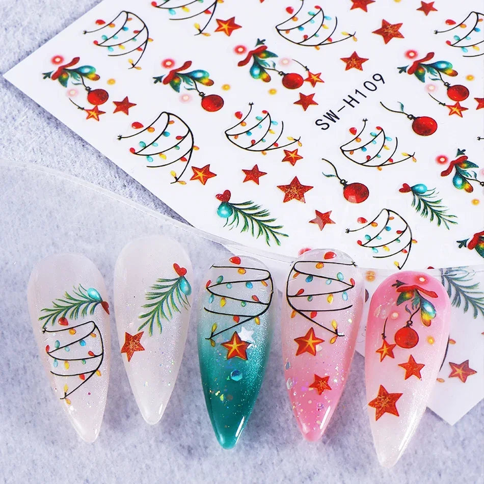 3pcs Glow In The Dark Christmas Light Nail Stickers String Lights Xmas Tree Star Adhesive Nail Decals DIY Manicure Decoration