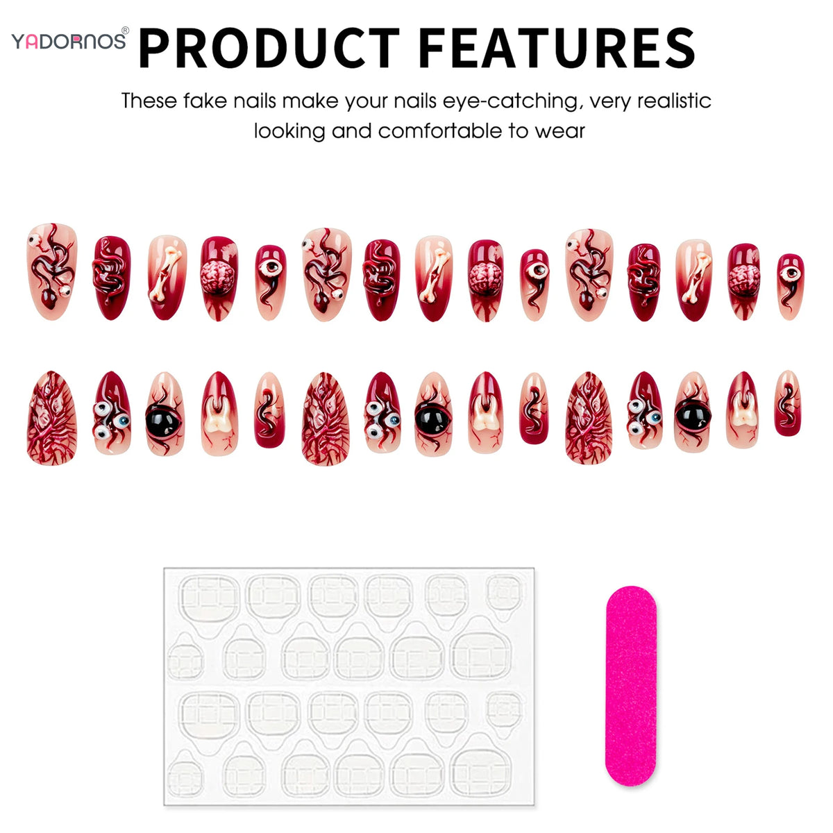 30pcs Bloody Red French Style Fake Nails Spooky 3d Eyeballs Tooth Vascellum Decor Press On Nails Horror Halloween False Nail