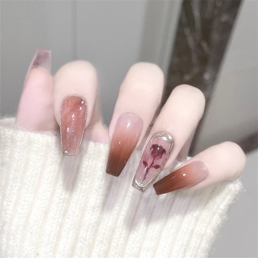 24 Pcs/Set Valentine's Day Long Almond Fake Nails Shape Novelty Pearl Bow Love Press on Nails Art Full Cover Stick-on Nails Tips