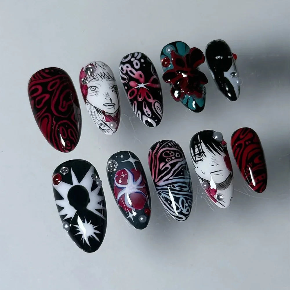 24Pcs Gothic Anime Press On Nails Black Red Almond Oval Fake Nails with 3D Rhinestone Spider Flower for Y2K Halloween Party Wear
