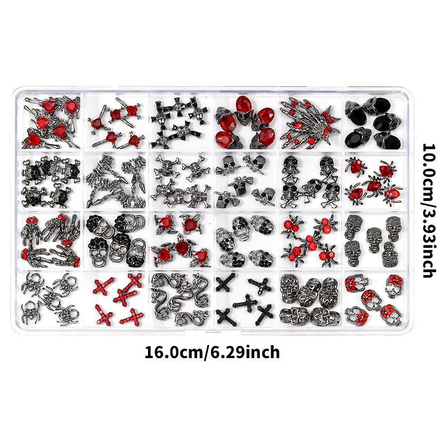12 Grids Gothic Nail Charms Skull Cross Snake 3D Metal Nail Ornaments with Red Rhinestones Halloween Dark Style Nail Art Decor for Salon Home DIY Manicure