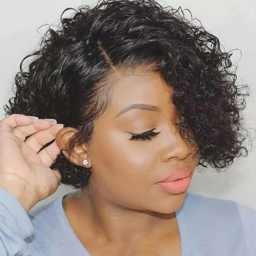 Short Pixie Cut Wig Wet and Wavy Curly Wigs Brazilian Human Hair Full Machine Made Wig with Bangs for Women Water Wave Short Wig