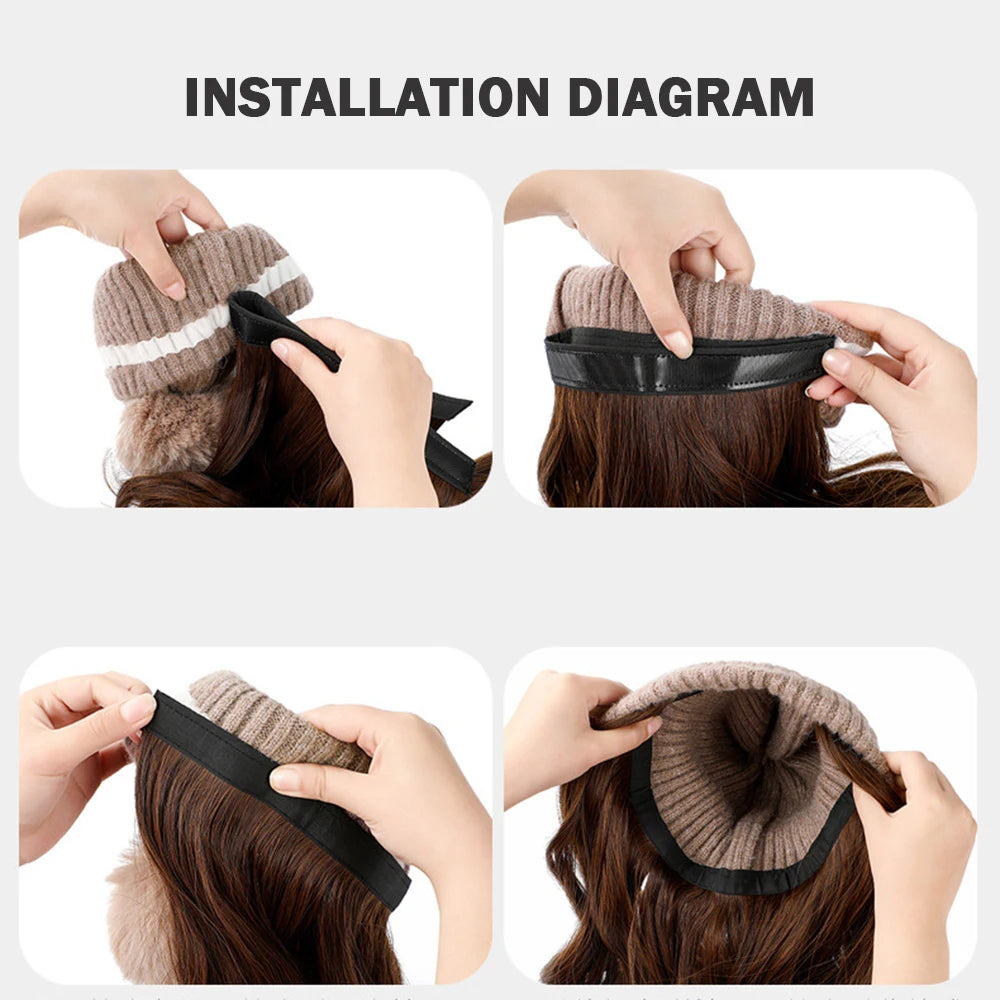 Winter Female Hat Wig With Curly Hair Extensions Synthetic Wave Wig Cap Dismountable Stylish Outdoors Beanie For Camping Hiking