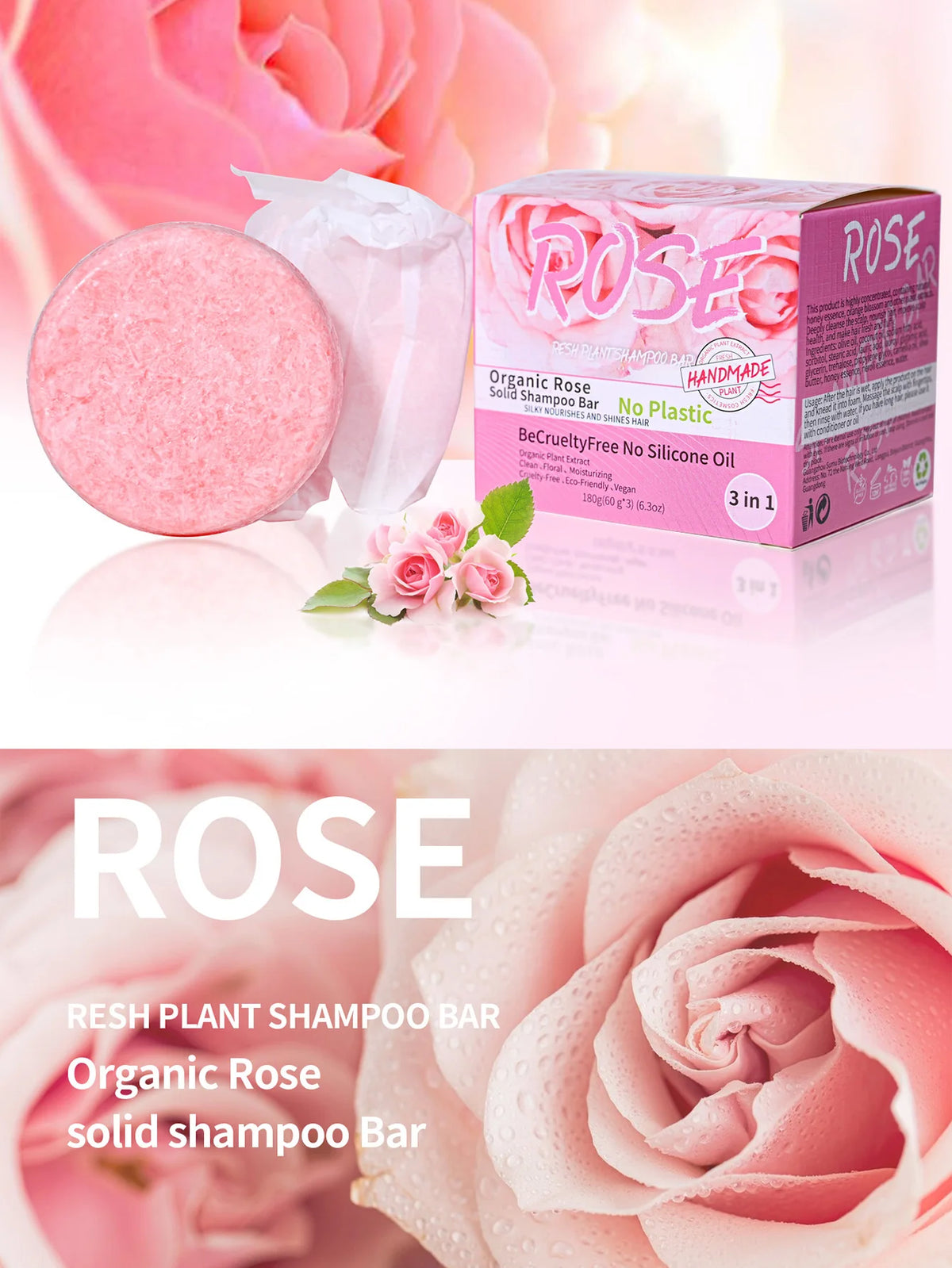 3pcs/box Damascus Rose Perfume Solid Shampoo Bar Deep Cleaning Moisturizing Hair Care Hand Soap