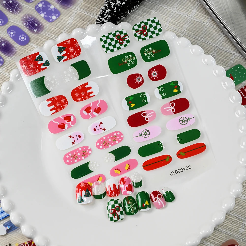 16Tips 3D Full Cover Christmas Series Nail Stickers Adhesive No Light Need Nail Art Wraps Strips Festival Manicure Polish Tips *