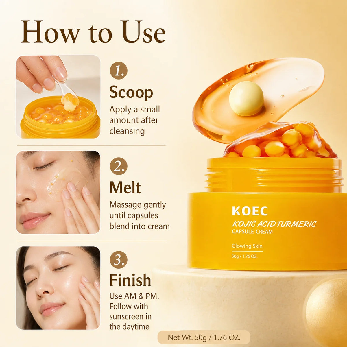 Kojic Acid Turmeric Capsule Cream with Niacinamide & Squalane, Skincare Kojic Acid Face Cream for Even Skin Tone & Glow Firming, Hydrating Capsule Cream, 50g/1.76oz