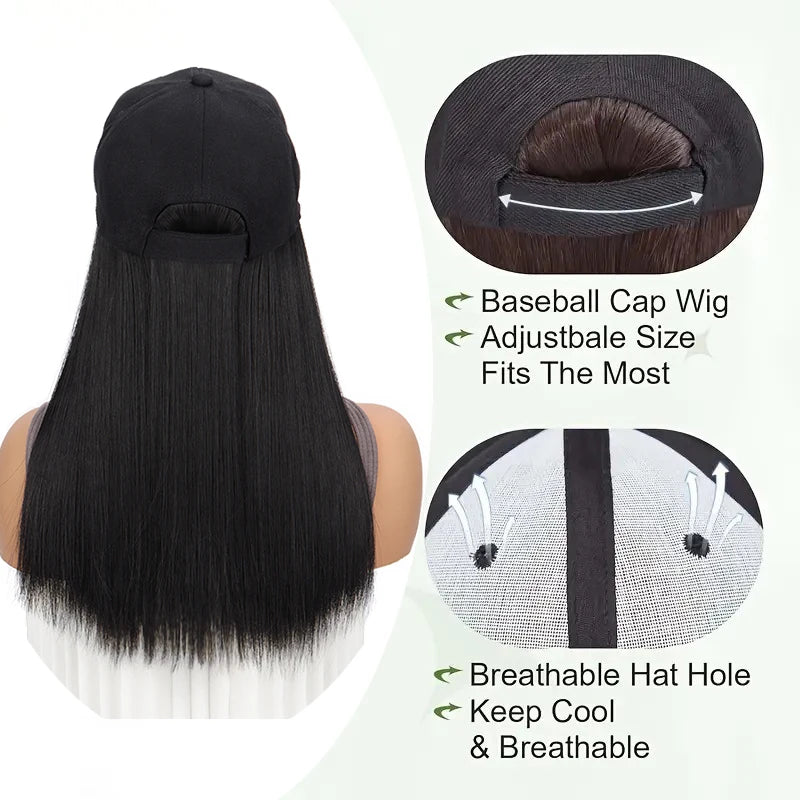 18Inch Synthetic Long Straight Hair Extension Baseball Cap  Adjustable Black Blonde Hairpiece Fashion Hat Wig