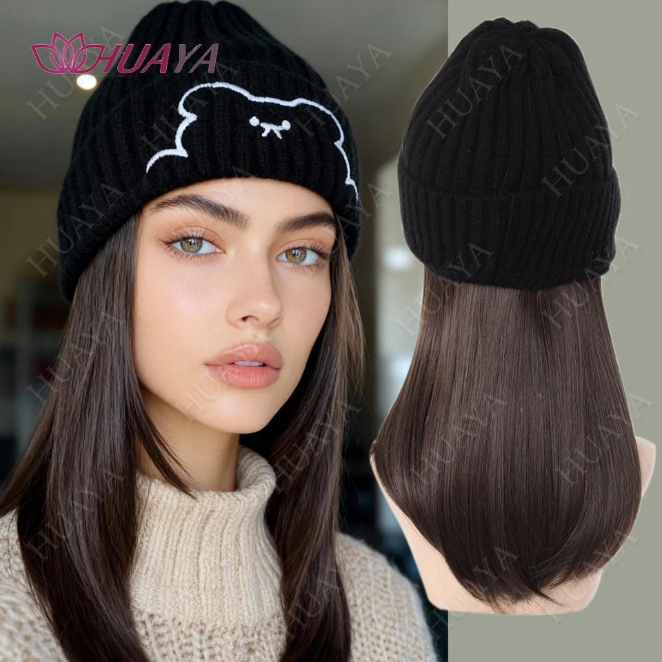Synthetic Hat Wig Medium Length Straight Hair knitted Hat Wig Hair Extensions Accessories Autumn Winter Cap Warm Velvet Lining