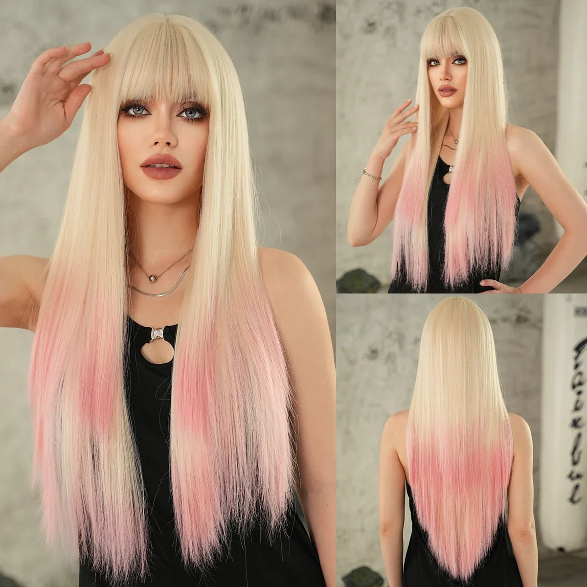 NAMM Long Straight Ombre Blonde Wigs for Women Daily Cosplay Synthetic Gradient Lychee Pink High Density Hair Wigs with Bangs
