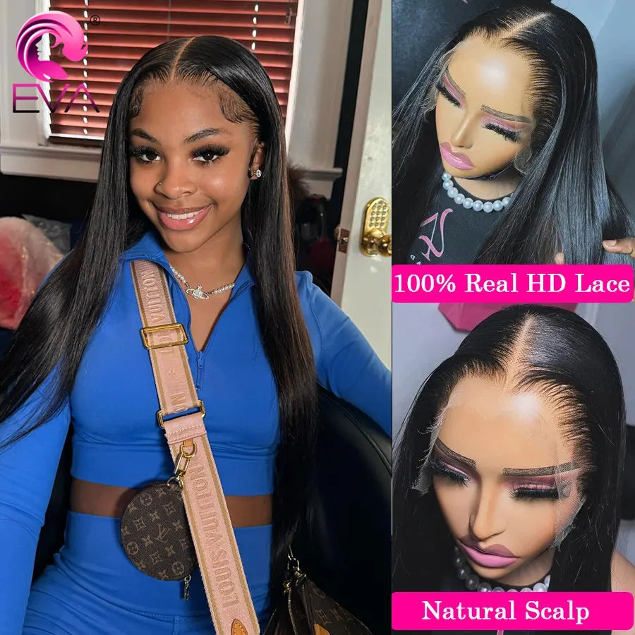 Eva 13x6 HD Lace Full Frontal Wig Silky Straight 180% Pre Plucked HD Lace Wig Invisible HD Lace Melt Skins Glueless Closure Wig