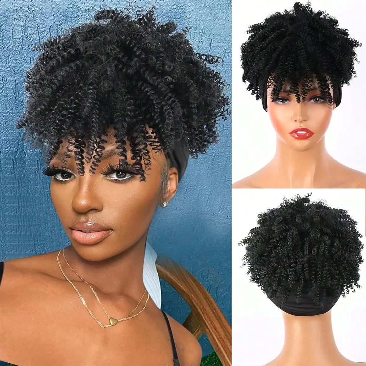 Headband Wigs for Synthetic Short Afro Kinky Curly Wigs Dark Brown Wig with Bangs Wrap Wigs 2 in 1 synthetic Wig Drawstring