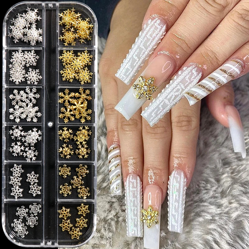 12 Grids 3D Metallic Snowflake Christmas Nail Decorations Gold Silver Snowflake Alloy Nail Charms Y2K Glitter Winter Nail Rivets