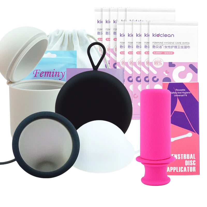 Feminy Menstrual Disc Kit Medical Grade Reusable Soft Silicone Period Disc with Sterilizer Case Applicator Leakproof Monthly Cup