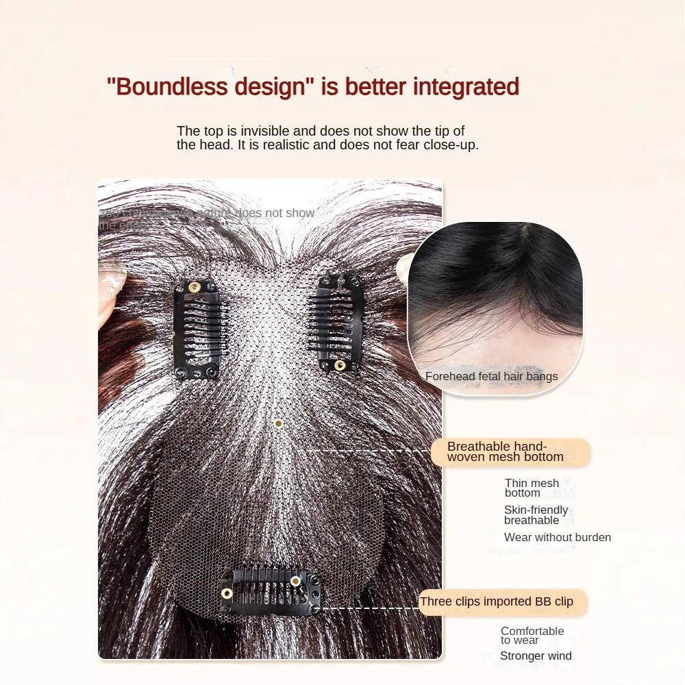 7x11cm Ultra-Thin Mesh Hair Toppers Clip-In Bangs Human Hair Fluffy Volumizing Cover Gray Hair Invisible Natural Women Daily