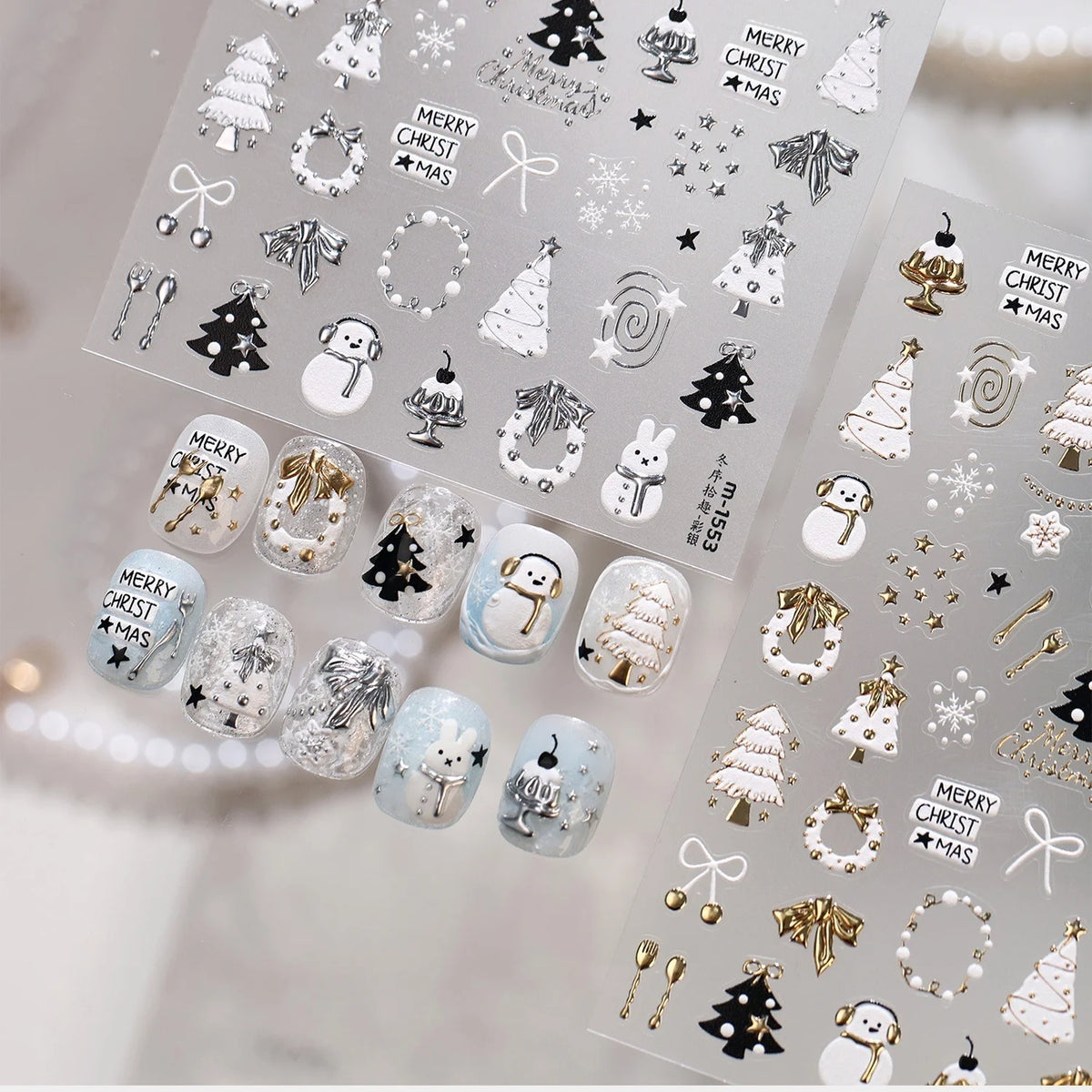 Cute Winter 5D Nail Art Sticker Christmas Tree Snowman Rabbit Bow Pearl Wreath Cake Snowflake Star Self Adhesive Decal Manicure