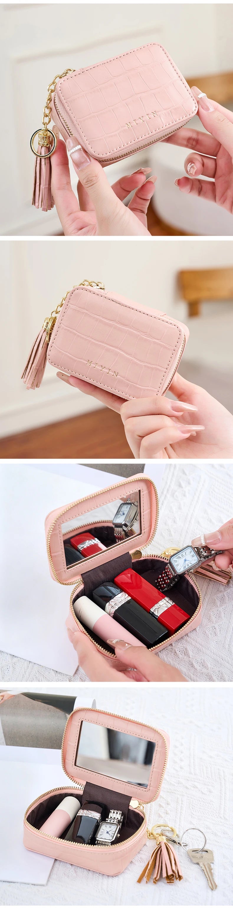 Mini Lipstick Makeup Bag Multifunctional Portable Travel Organizer Crocodile-Patterned PU Leather Womens Toiletry Bag Coin Purse