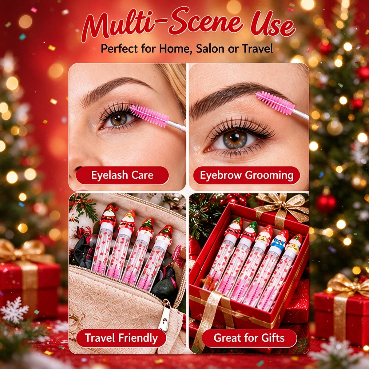 5Pcs Christmas Eyelash Brushes with Tube, Reusable Santa Mascara Wand, Dustproof Eyebrow Comb Spoolies Lash Extension Xmas Gifts